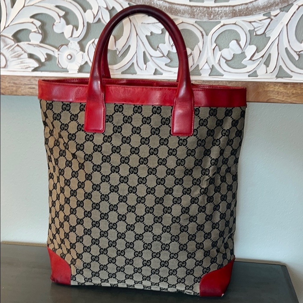 Gucci Bi-Color Tote Monogram GG Canvas Leather Tote Bag Beige Red